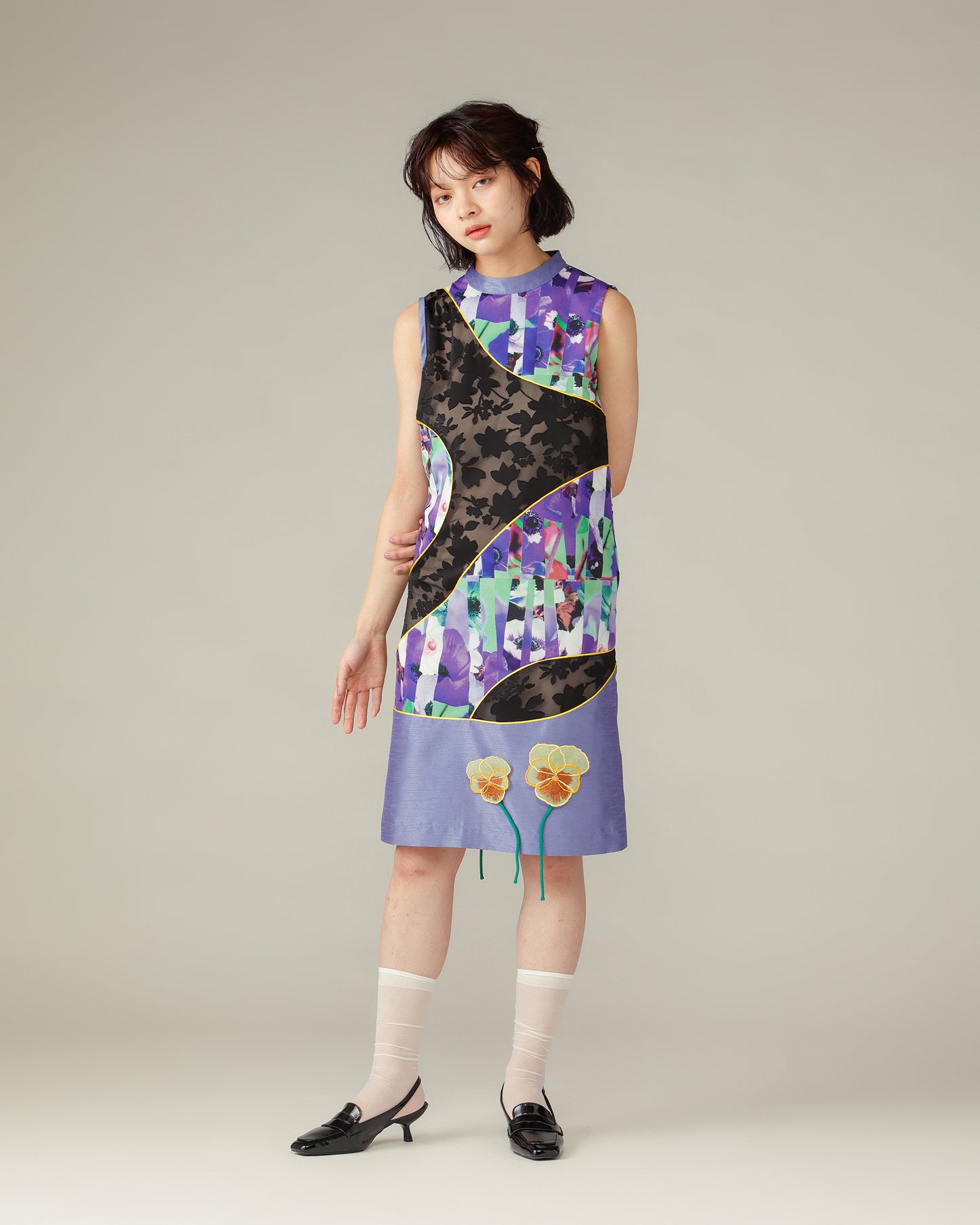 Mixed Flower Piping Dress / Purple