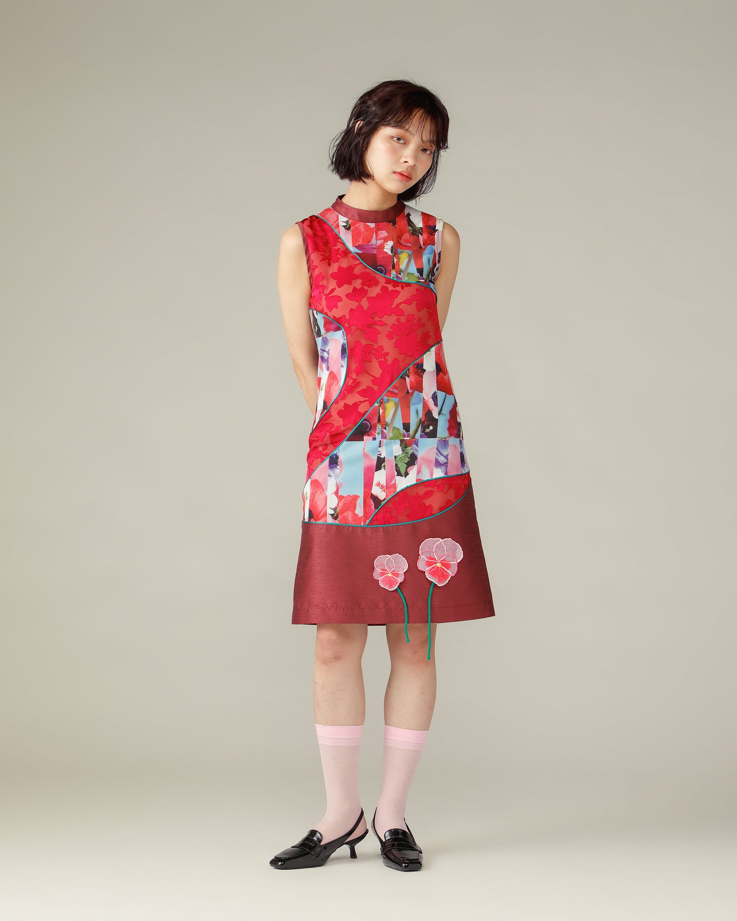 Mixed Flower Piping Dress / Pink