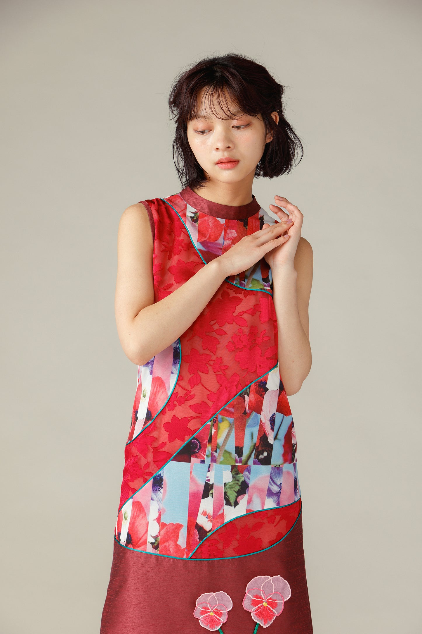Mixed Flower Piping Dress / Pink