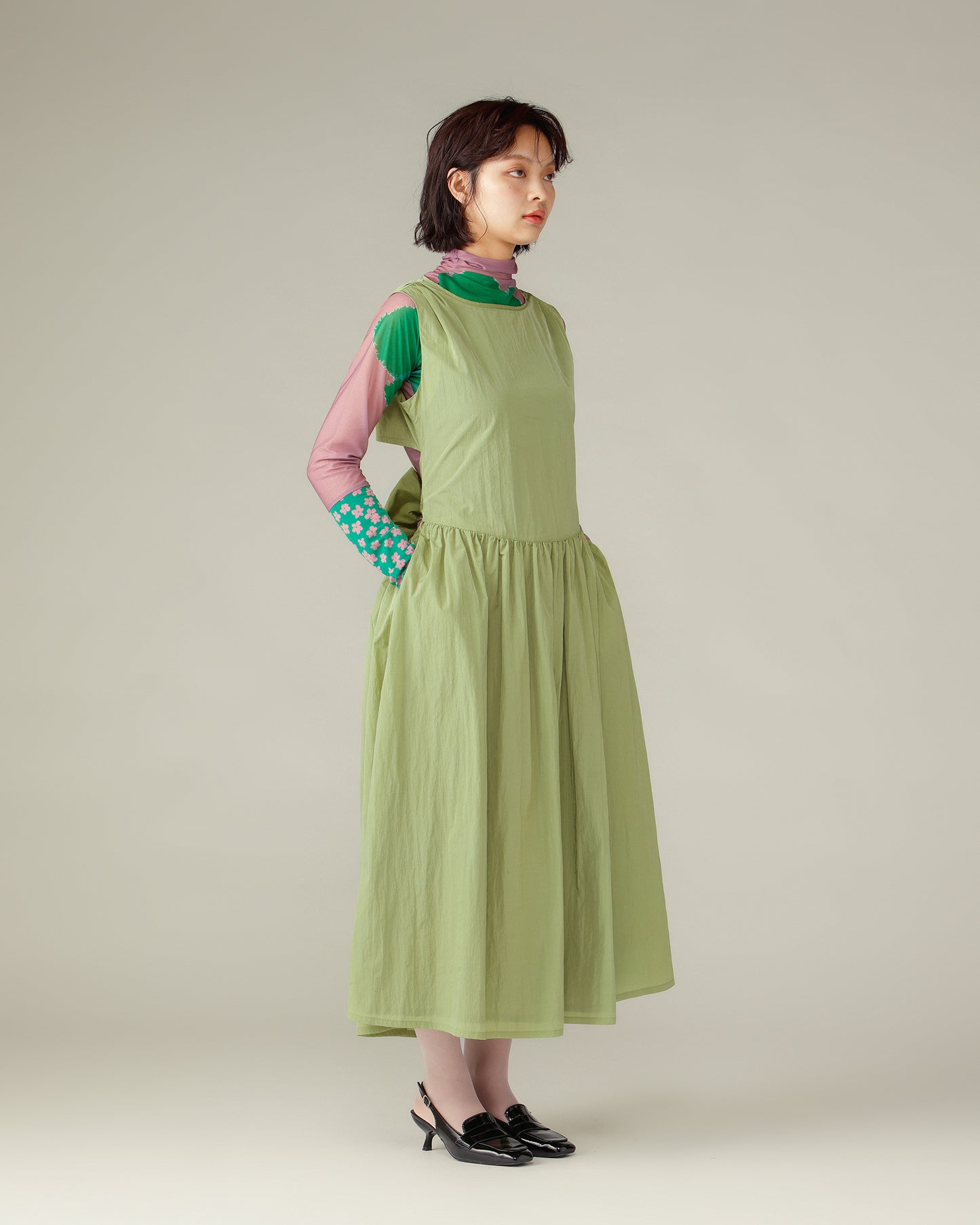 Waist Ribbon Gathered Dress / Green