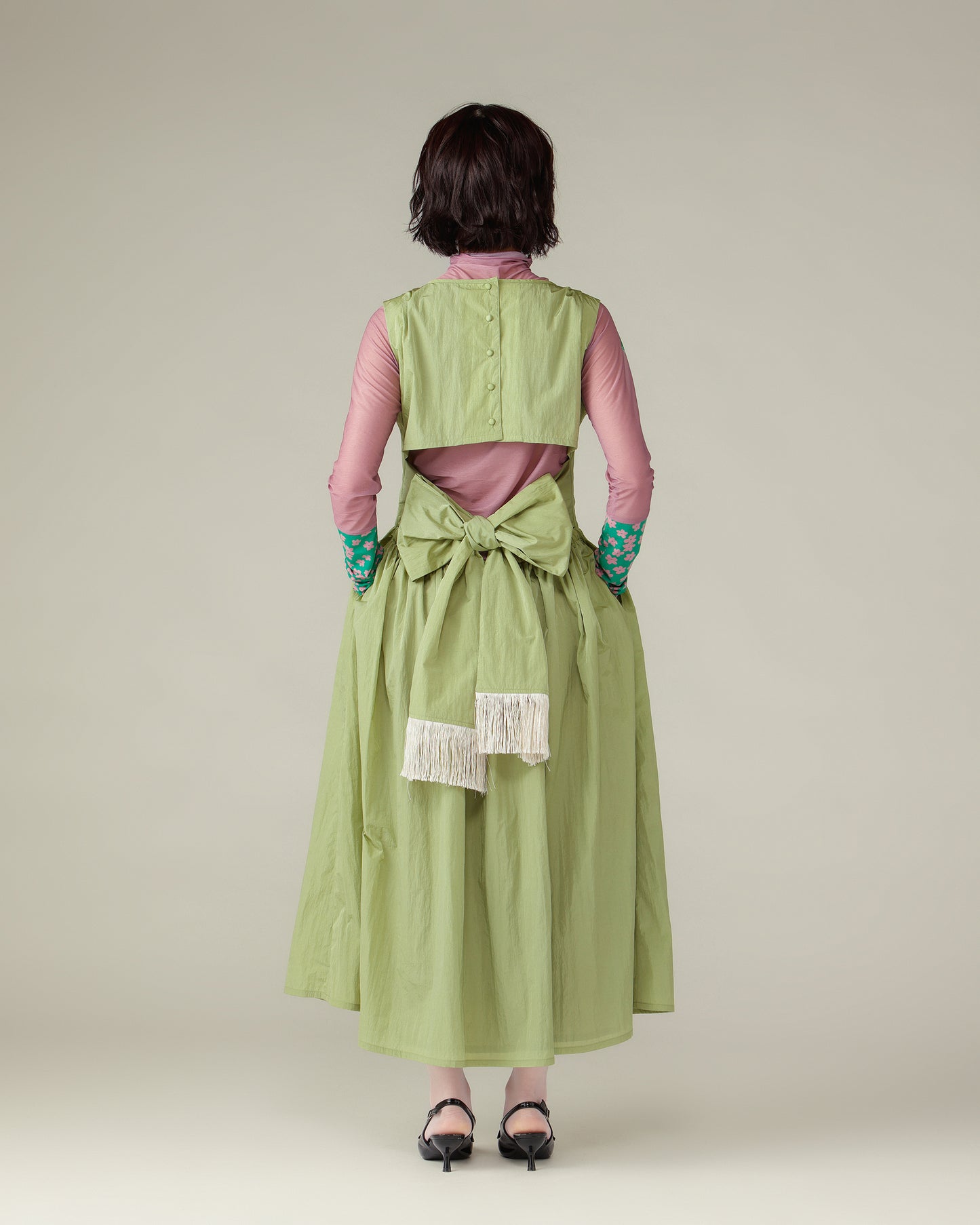 Waist Ribbon Gathered Dress / Green