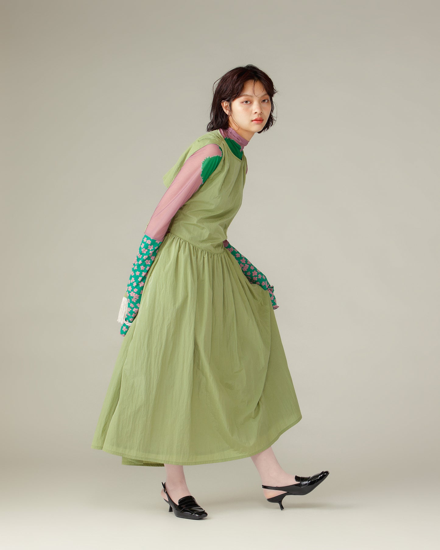 Waist Ribbon Gathered Dress / Green