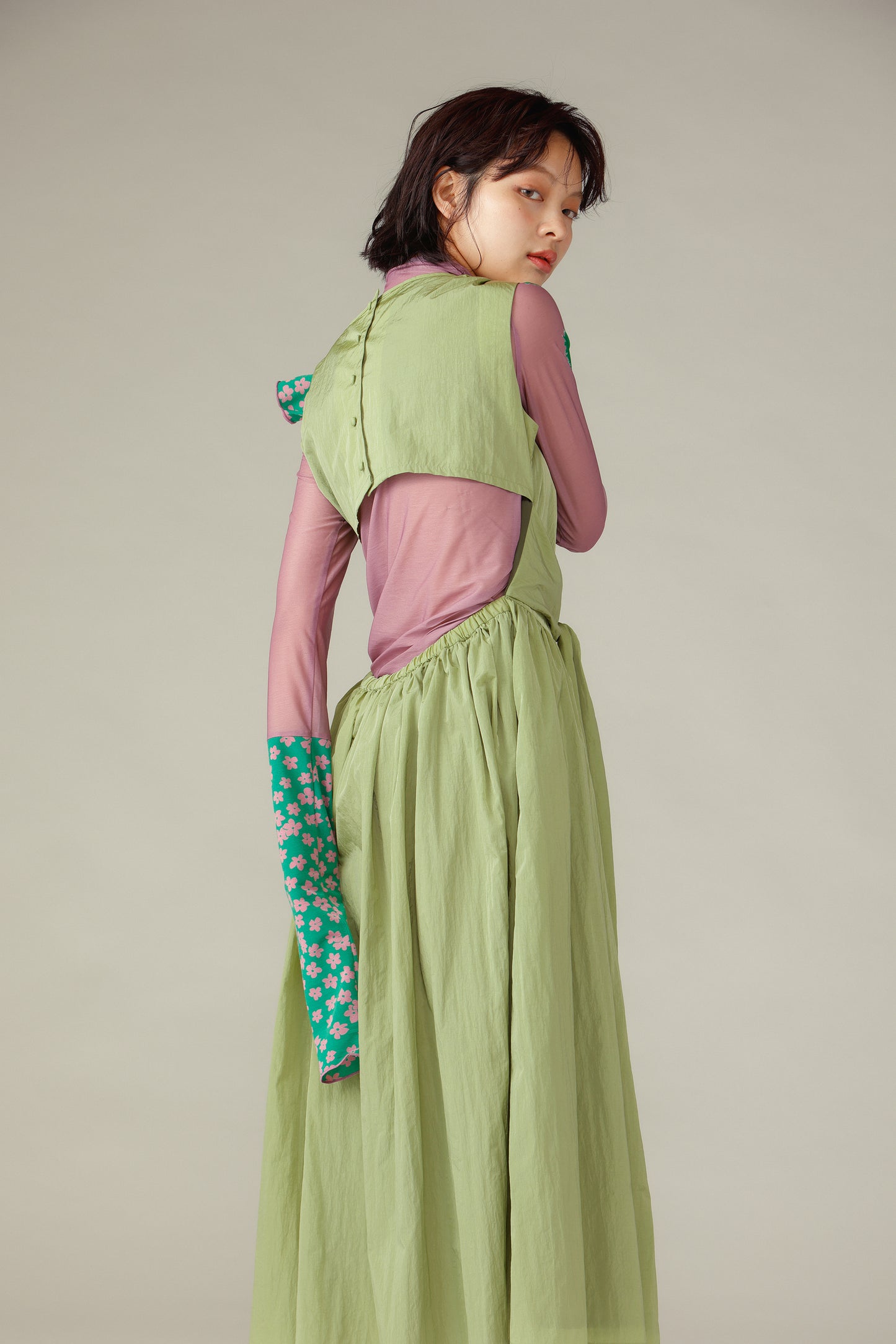 Waist Ribbon Gathered Dress / Green
