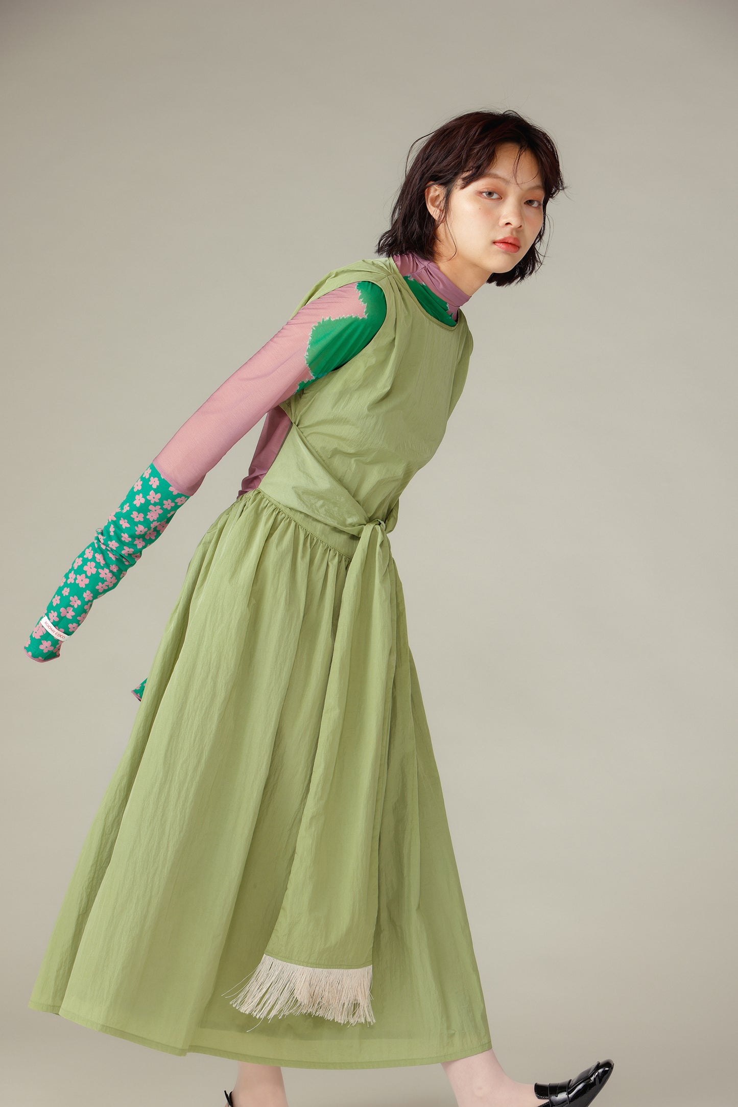 Waist Ribbon Gathered Dress / Green