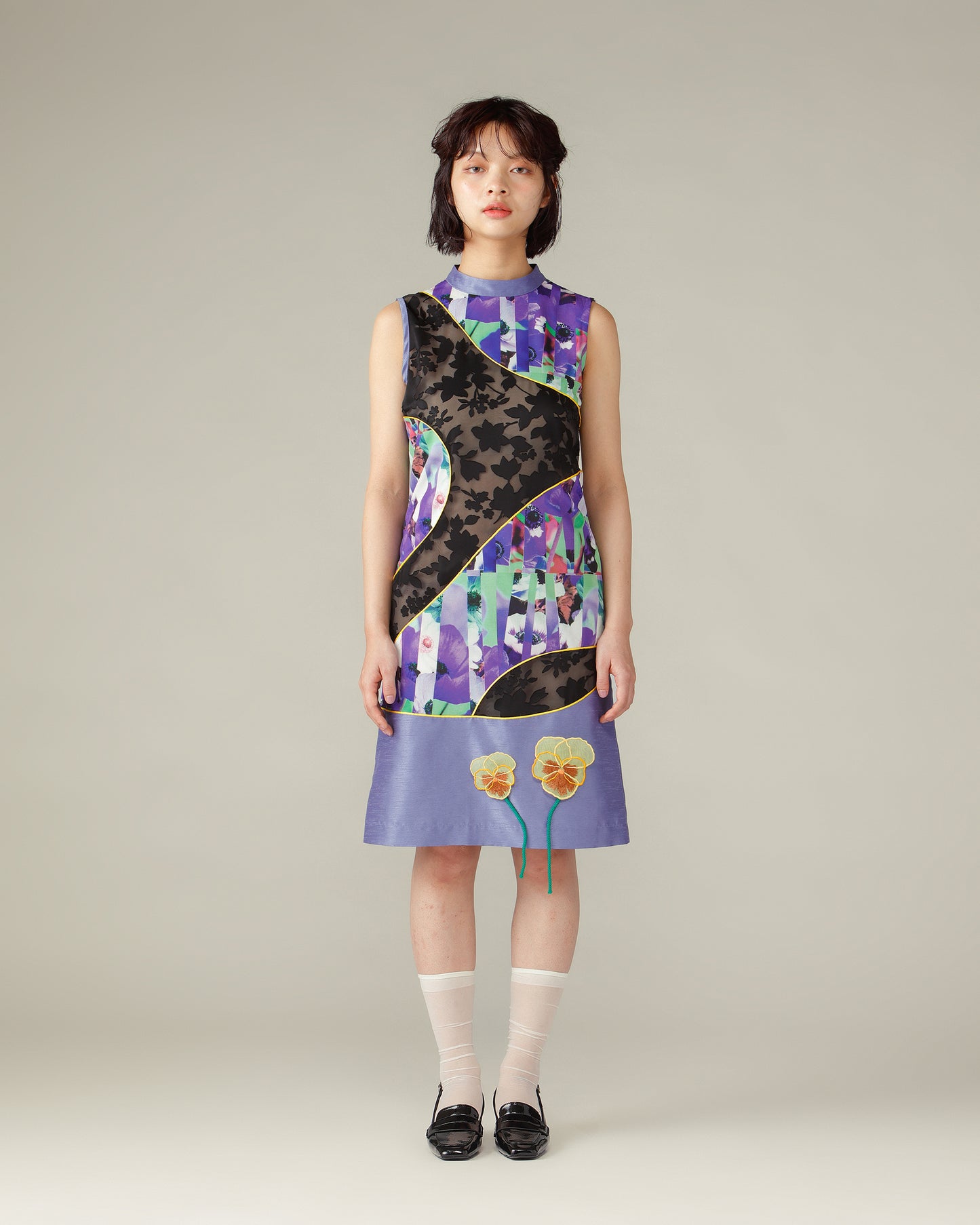 Mixed Flower Piping Dress / Purple