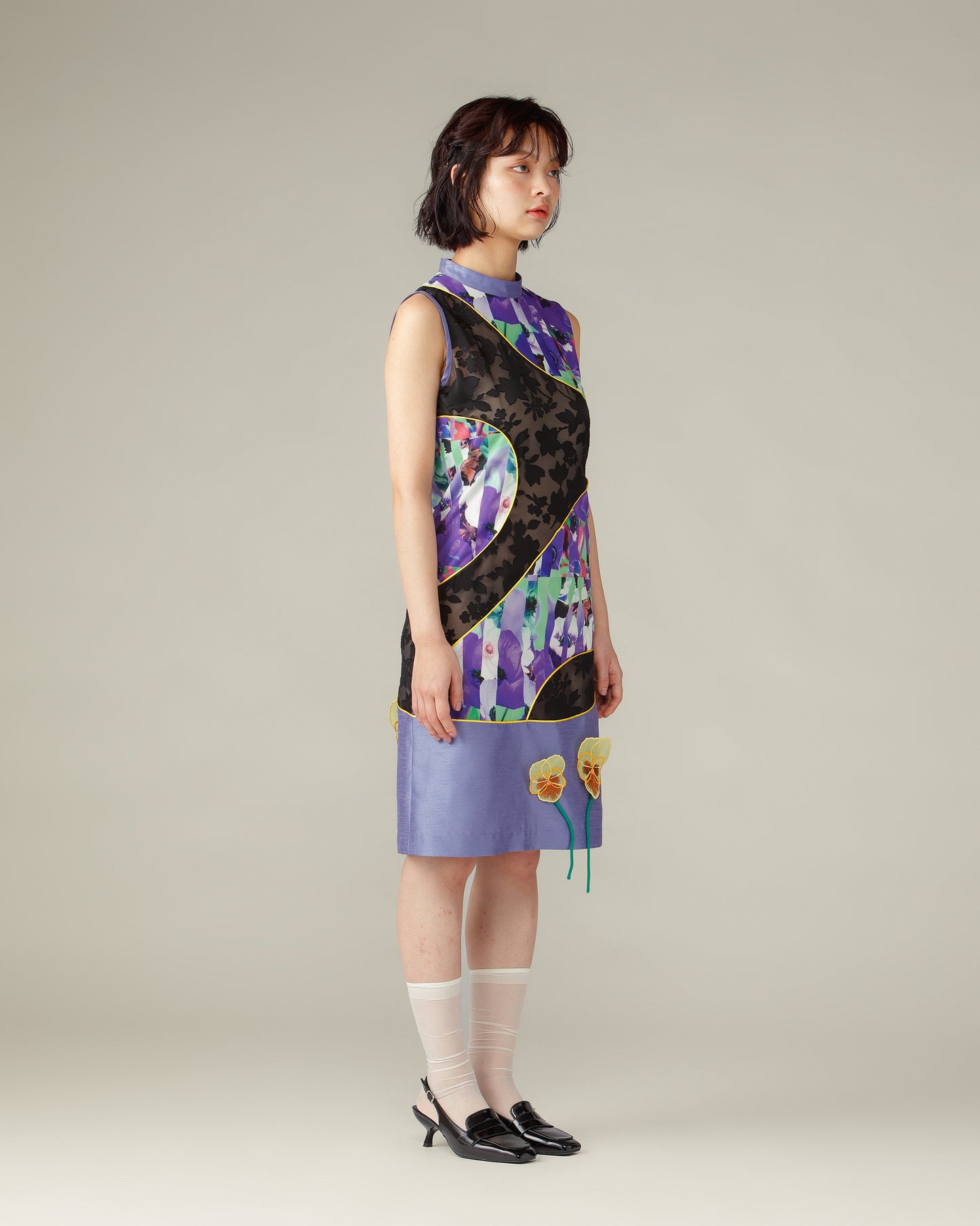 Mixed Flower Piping Dress / Purple