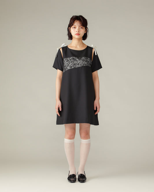 Flower Flocky Mini Dress / Black