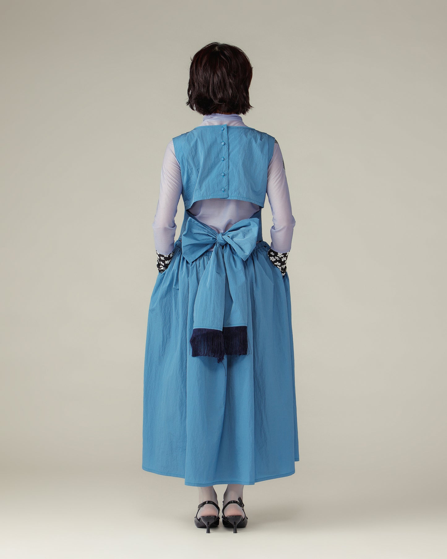 Waist Ribbon Gathered Dress / Blue