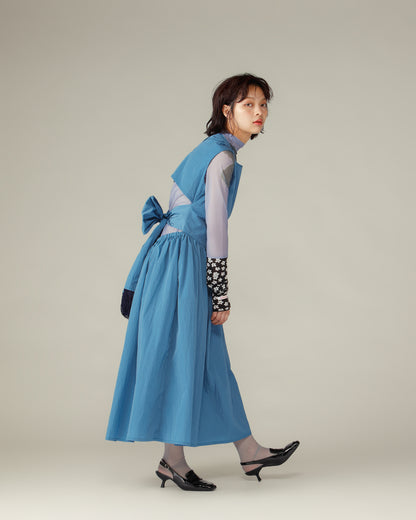 Waist Ribbon Gathered Dress / Blue