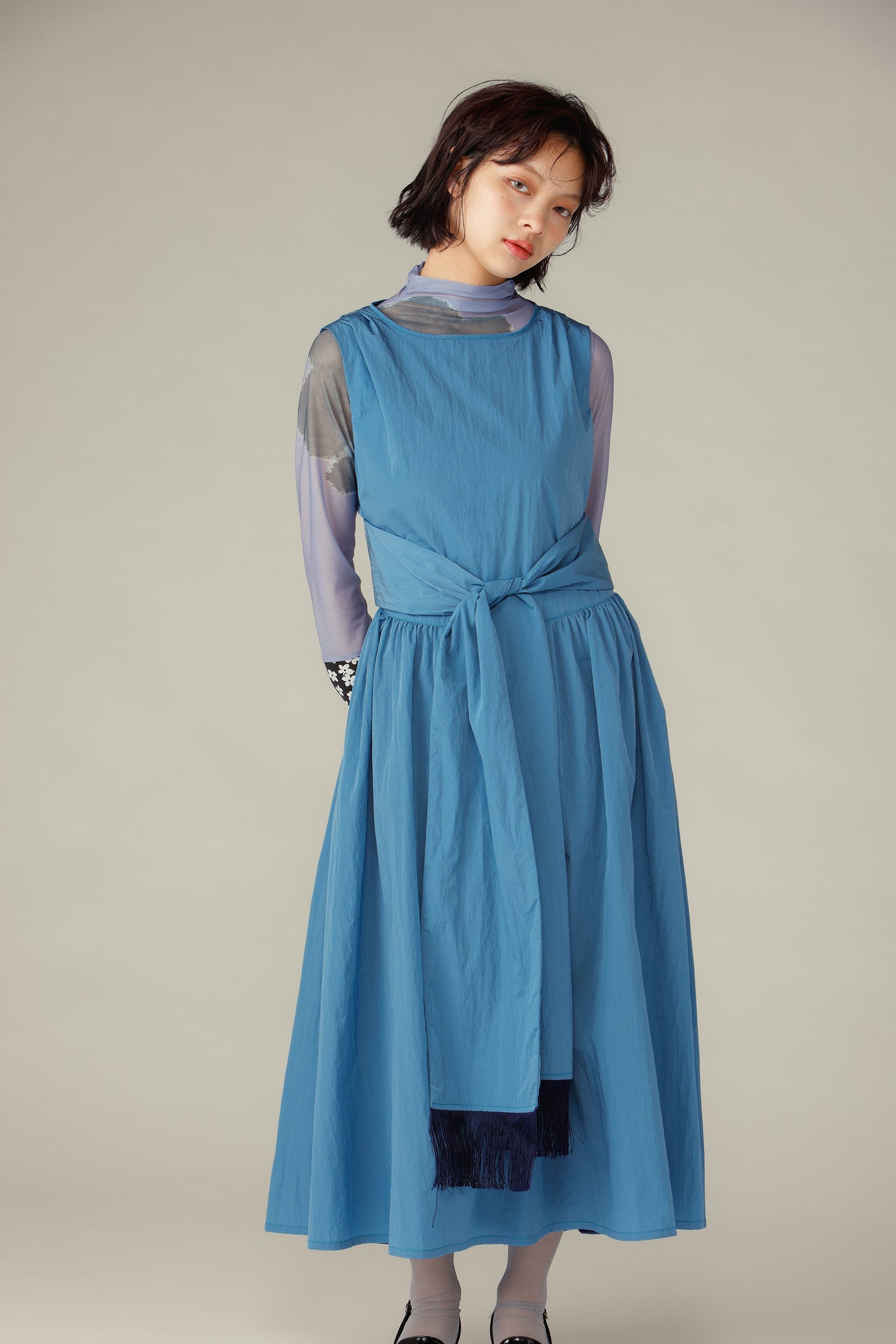 Waist Ribbon Gathered Dress / Blue