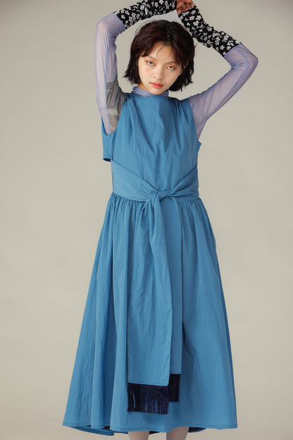 Waist Ribbon Gathered Dress / Blue