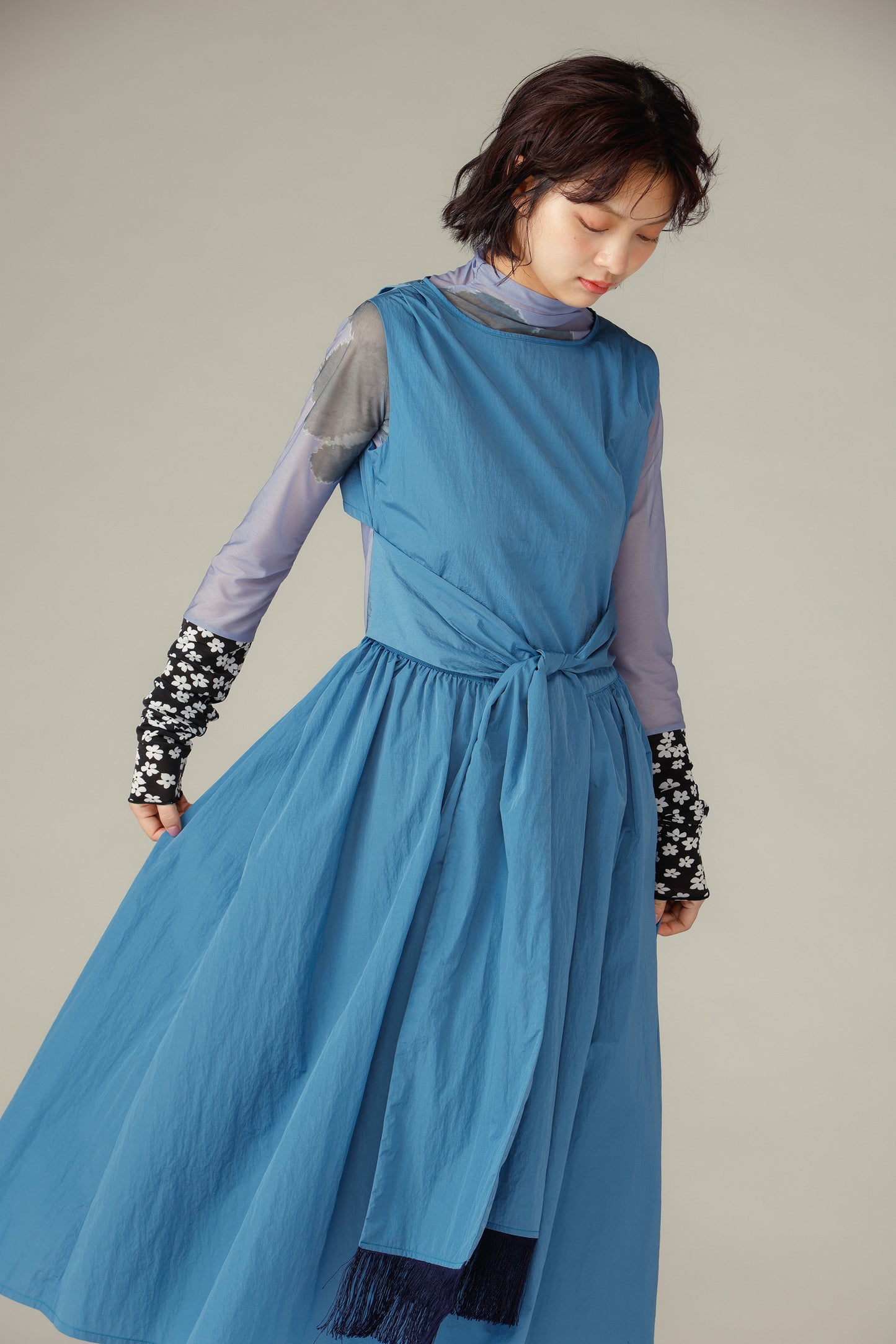 Waist Ribbon Gathered Dress / Blue