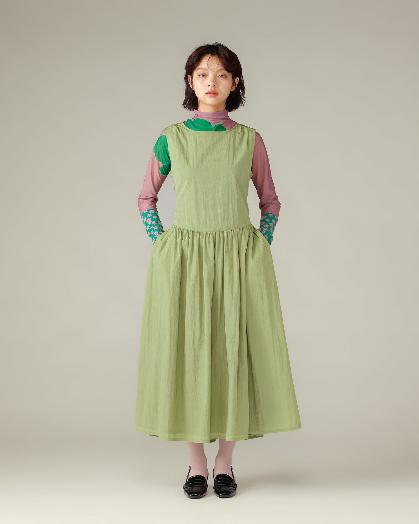 Waist Ribbon Gathered Dress / Green